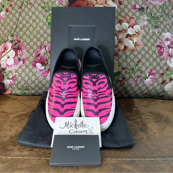 Saint Laurent Hot Pink Zebra Print Slip On Sneakers - Shoes